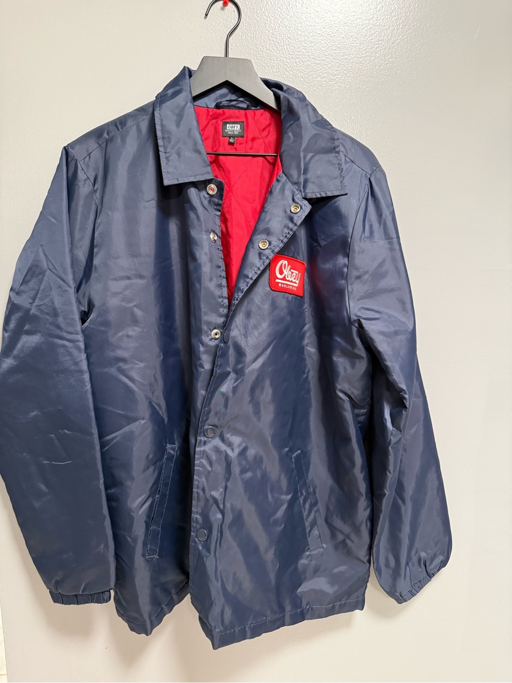 Obey Navy Windbreaker Jacket with Red Interior
